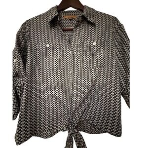 Ellen Tracy Womens Black White Geometric Print Tie Front Button Down Blouse S